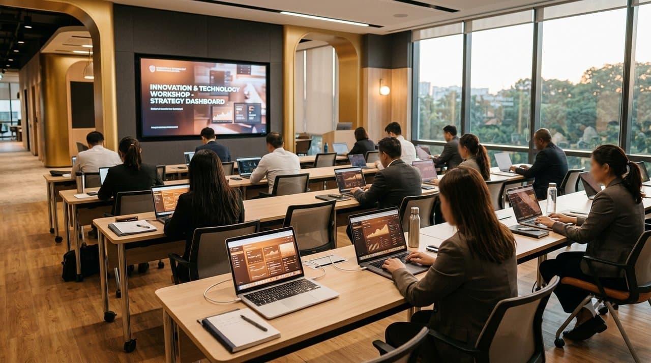 Students working on laptops in a modern classroom during an ICT training session
