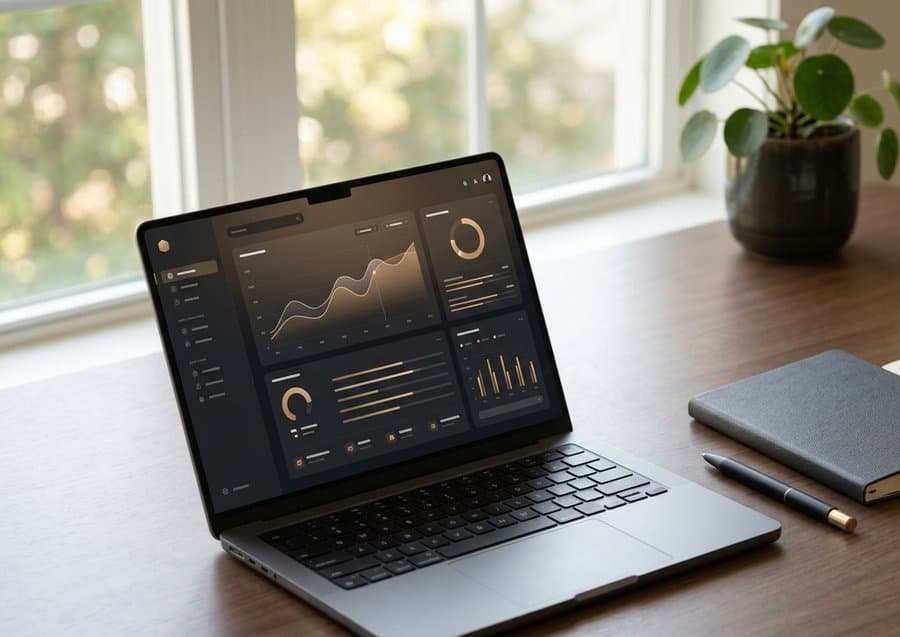 Laptop showing an analytics dashboard on a desk, representing AI-driven business automation